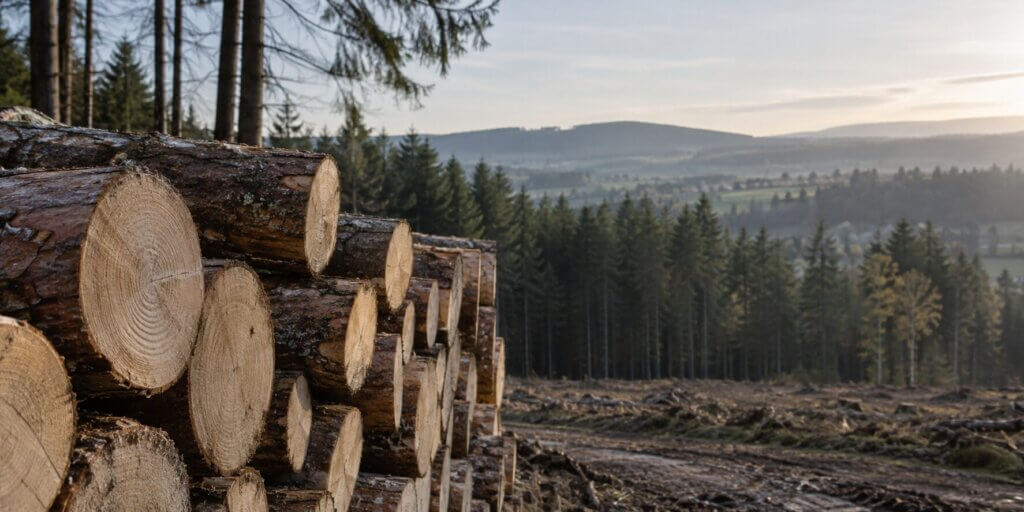 Timber log stack with a view for a woodland